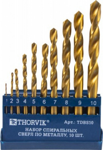 TDBS10 Набор спиральных сверл по металлу HSS TiN в пластиковом кейсе, d1.0-10.0 мм, 10 предметов фото 122742