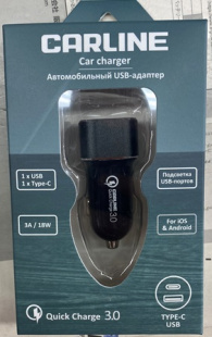 Адаптер автомобильный CARLINE® 2хUSB (USB QC 3.0 + PD Type C) в прикуриватель 12/24В, цвет черный,уп фото 121884