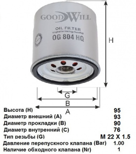 Фильтр масляный OG 804 HQ \1059924\GOODWILL    FORD TRANSIT 1.8D-2.5D (SAKURA. C-8041) (MANN. W9050) фото 116866