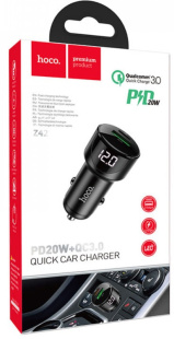 Адаптер в прикуриватель 1USB3.0 Quick Charger+1PD Type-C(20W)+вольтметр, черный HOCO Z42 2544 фото 132685