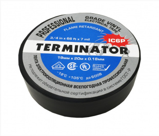 Terminator IC6P изолента черная ПВХ, супер премиум класса,  0,18 мм, 19 мм, 20 м фото 114831