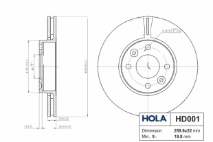HD001, HOLA, Тормозной диск, вентилируемый, передний, Компл. 2 шт (260x22), LADA Largus,Vesta фото 128271