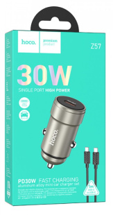 Адаптер в прикуриватель 1 PD Type-C Quick Charger(30W) + кабель Type-C, металлик HOCO Z5 3086 фото 135570
