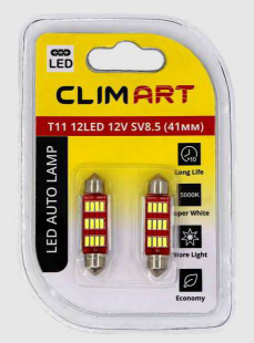 Лампа автомобильная светодиодная Clim Art T11 12LED 12V SV8.5 (C5W/41mm)/к-т 2 шт. фото 126002