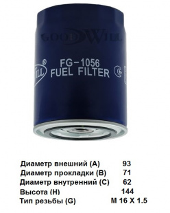 Фильтр топливный FG 1056 \1164620\GOODWILL  (FF231 ,FF5298) (SAK. FC6202) (MANN. WDK940/5 ,WK940/5) фото 116557