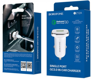 Адаптер в прикуриватель 1USB 3A Quick Charger 3.0, белый BOROFONE BZ12A 8687 фото 132668